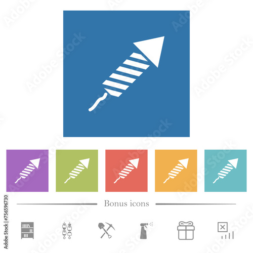 Firework rocket flat white icons in square backgrounds