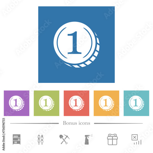 Coin with number one flat white icons in square backgrounds