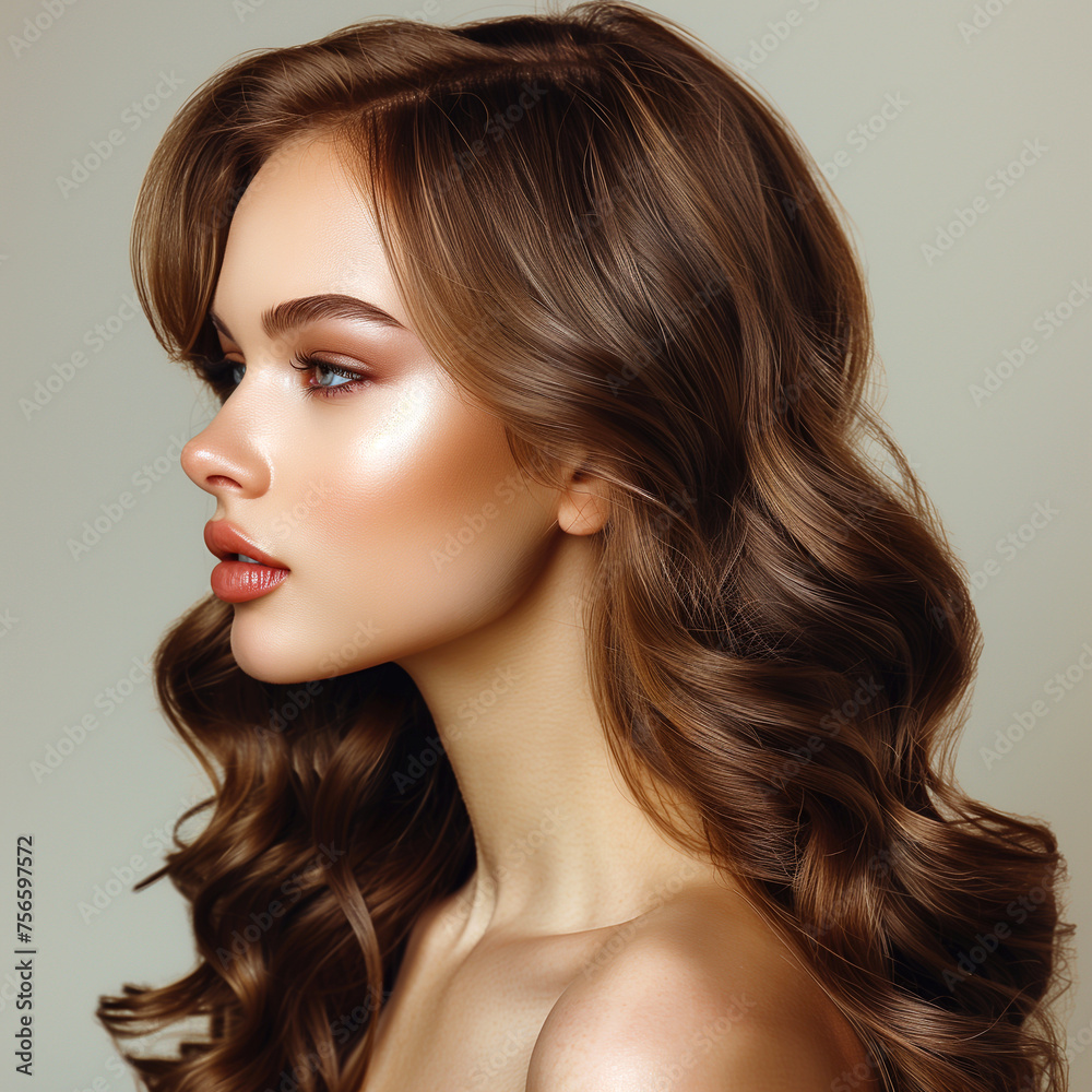 Obraz premium Portrait of beautiful young woman with long wavy hairstyle. Perfect makeup.