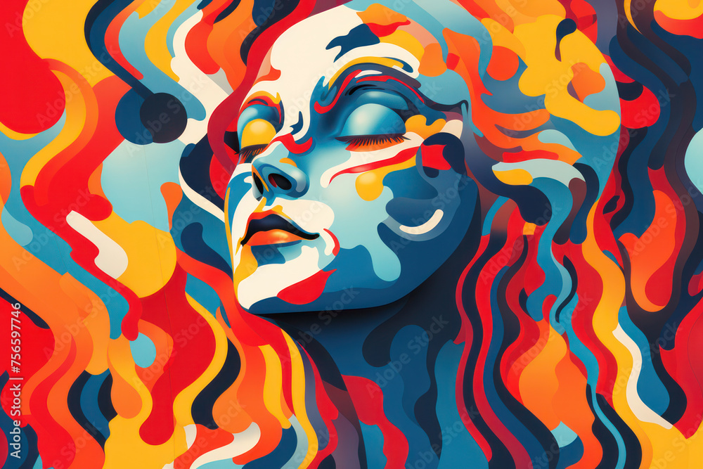 Colorful Fashion Portrait: A Modern Woman with Red Hair, Bright Red Lips, and Blue Eyes, Illustration on a White, Black, and Abstract Painted Background, expressing Creative Style and Glamour.