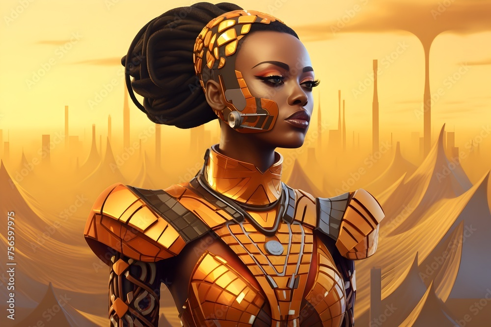 African Warrior in Gold-Toned Armor Poses Against Backdrop of Afrofuturistic City