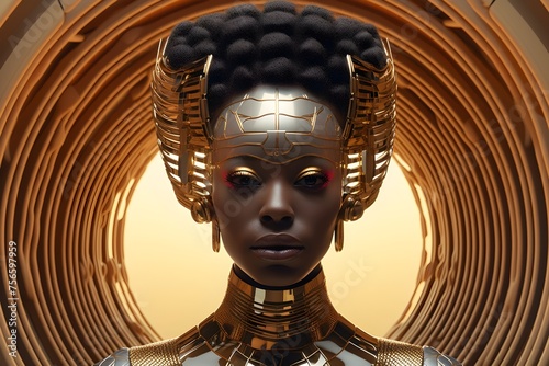 Futuristic African Goddess in Hyperrealistic Golden Portal
