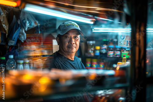 A simple street market seller in front of his stand stall. Blurred background with bokeh. Created with Generative AI technology.
