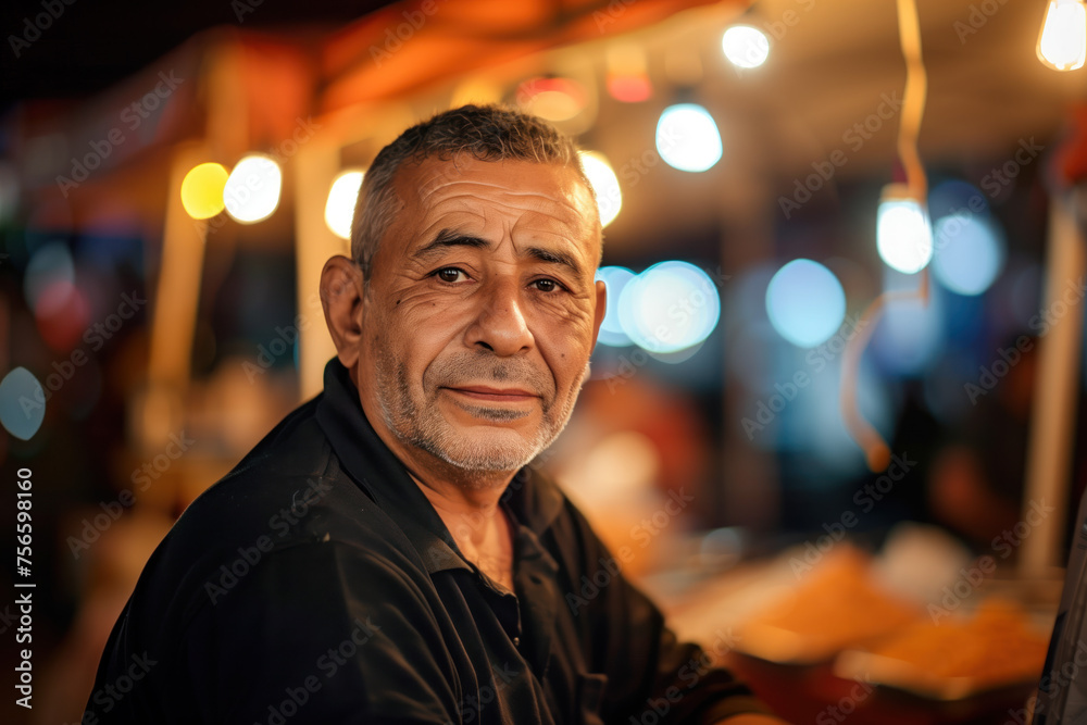 Obraz premium A simple street market seller in front of his stand stall. Blurred background with bokeh. Created with Generative AI technology.
