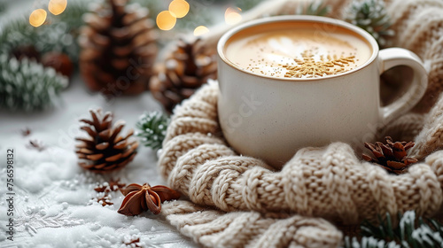 Cup of coffee with milk foam and knitted scarf on Christmas background