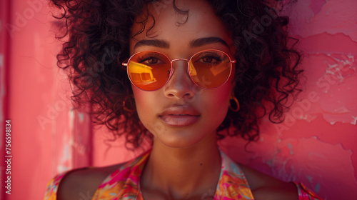 Portrait of a beautiful african american woman with curly hair wearing sunglasses