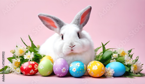 Happy easter. Eggs and rabbit on pink