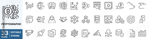 Cryptographic icons. Cryptocurrency economy web icons collection. Blockchain package. Bitcoin, NFT, Vector illustration. Outline icon. Editable stroke. photo