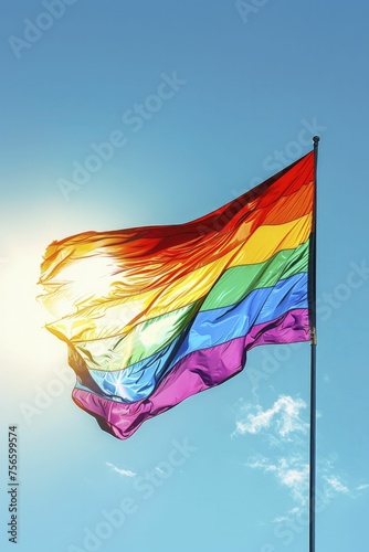 A vibrant image of a rainbow flag waving at a human rights march, each color representing a different aspect of diversity and inclusion, against a clear sky.