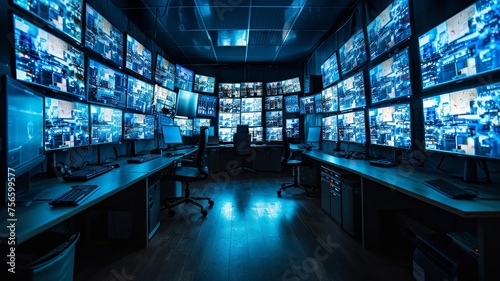 High-security monitoring room with an array of surveillance screens