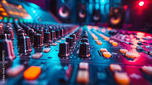 Modern sound mixer console bathed in vibrant hues signals a new era in music production photo