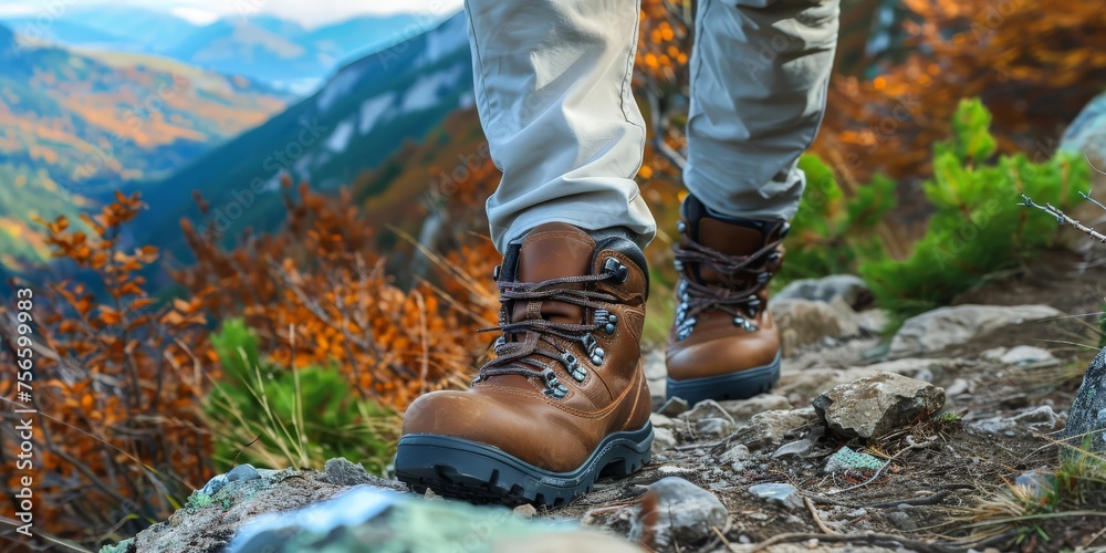 A close-up of a man hiking in the mountains, showcasing his sturdy brown leather boots against the rugged terrain A close-up of a man hiking in the mountains, showcasing his sturdy brown leather boots against the rugged terrain