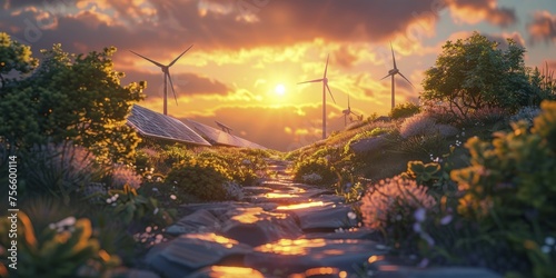 An animation shows the shift from fossil fuels to green energy, featuring a path lit by solar panels and wind turbines on open land.