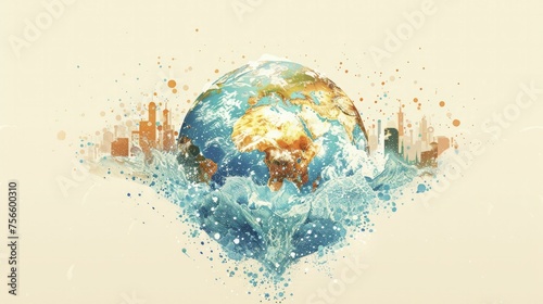 An illustration of a globe with equitable water distribution systems, symbolizing fair access to resources as part of climate justice, on a clear background. photo