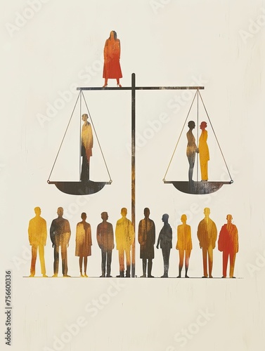 An illustration of a scale in perfect balance, with weights representing different societal groups, symbolizing the goal of social equity, on a clear, neutral background. photo