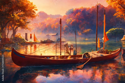 Autumn picture of an evening on the river with a wooden boat with oars filled with household utensils