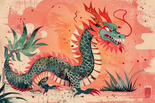 Illustration mythical dragon in a Chinese inspired style in peach pink and green color