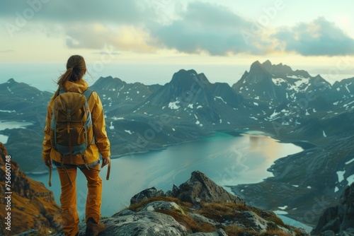 Hiker observes the majesty of a serene fjord flanked by dramatic mountain peaks at dusk