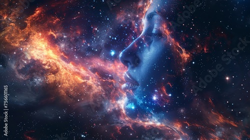 Cosmic visage contemplating the infinite beauty of a star-studded galaxy photo