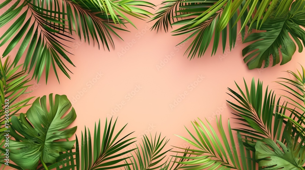 Tropical leaves Monstera and palm tree leaf on pink background. Flat lay, top view, generative ai