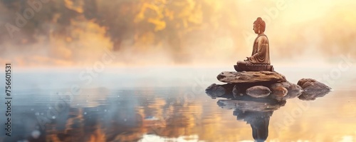 Serene Buddha statue on rocks with reflections in calm water against a golden sunset