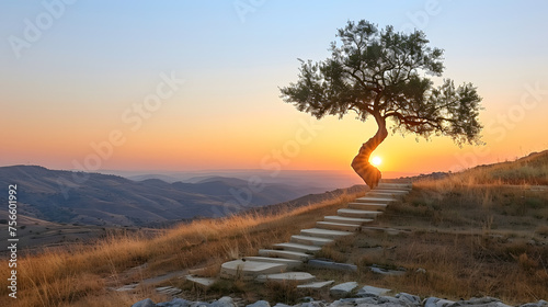 Solitary Tree on a Hill at Sunset. The sun sets behind a solitary twisted tree atop a hill  casting a peaceful glow over the rolling landscape.  