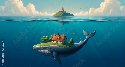 A tranquil depiction of a small, serene village resting upon a peacefully drifting whale in the expansive, serene ocean.