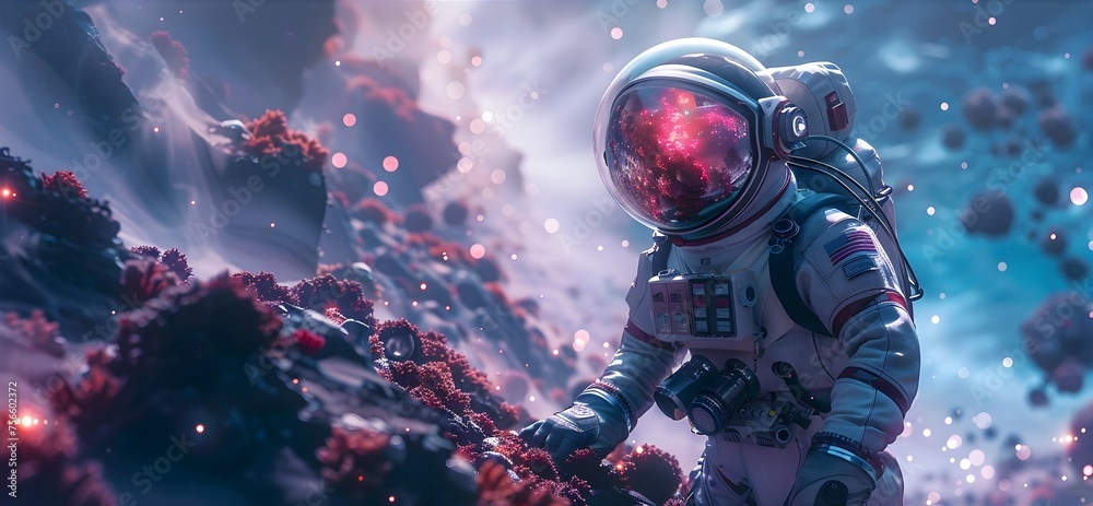A man in a spacesuit is walking through a rocky, rocky, and fiery landscape A man in a spacesuit is walking through a rocky, rocky, and fiery landscape