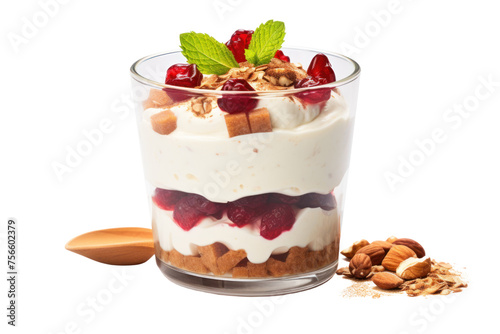 Yogurt parfait with jam, dried fruit and toasted nuts, sprinkled with cinnamon powder,Isolated on a transparent background.