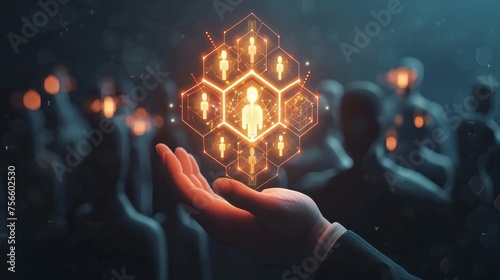 HR requirement . Abstract 3d human hand hold leader icon in hexagon on top of people pyramid. Manage human resources, team leader, recruitment process, change personnel, career growth, leadership