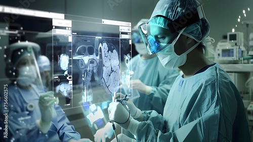 Surgical Team Using Transparent Digital Displays in OR. Surgical team in an operating room using transparent digital displays with medical data during a procedure.