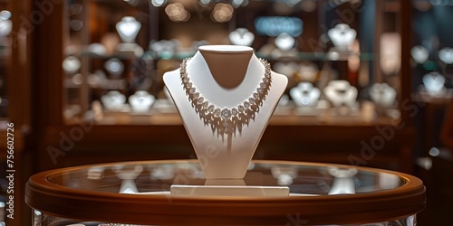A white necklace is displayed on a table in a store