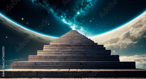 A surreal portrayal of staircases ascending towards myriad dimensions against the backdrop of boundless space, prompting a reconsideration of reality's bounds photo