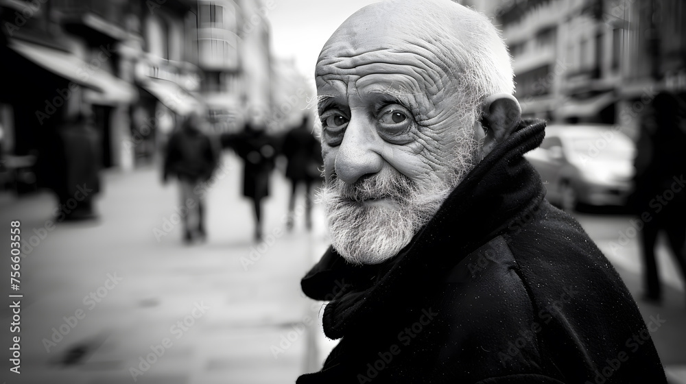 Black and white image of a thoughtful elderly man looking over his shoulder on a bustling city street.
