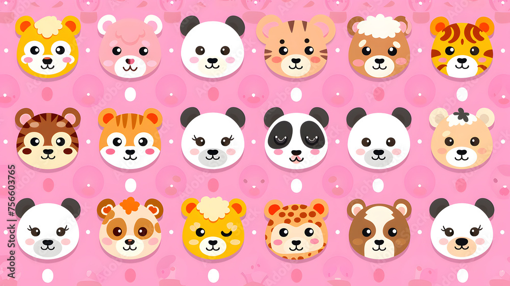 A vibrant collection of cute animal face illustrations set against a pink backdrop, ideal for children's decor or apparel.
