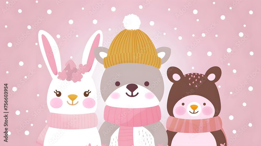 Three winter animals, a bunny, owl, and reindeer, dressed in festive winter clothes, sharing a special holiday moment.
Three winter animals, a bunny, owl, and reindeer, dressed in festive winter clothes, sharing a special holiday moment.