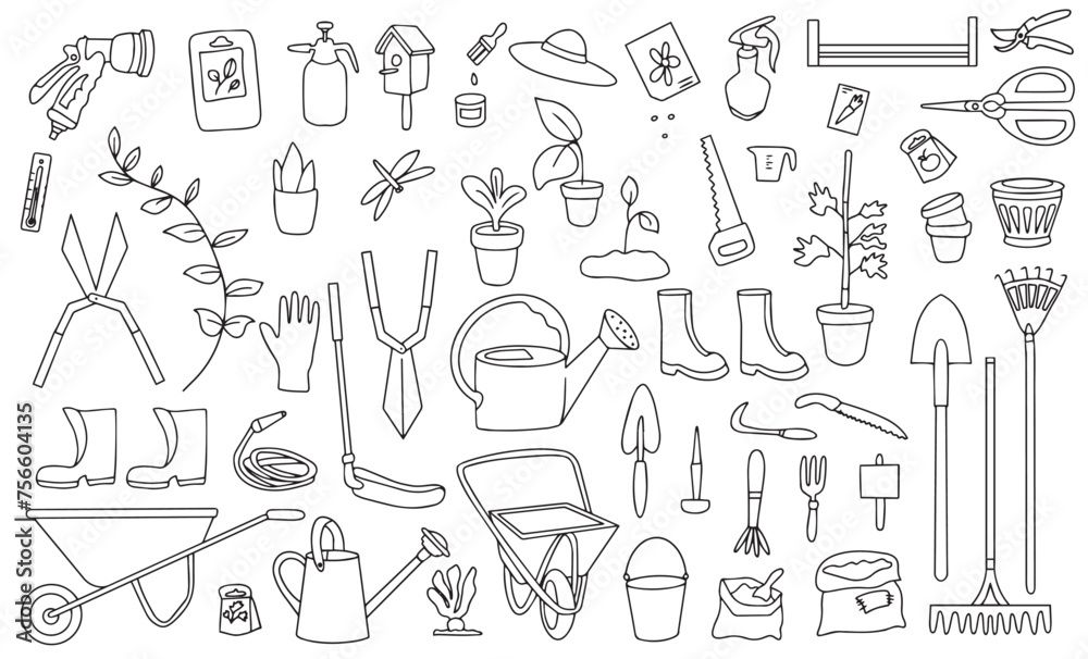 Large set of garden tools in doodle style. Watering can, hoe, bucket, hose, pitchfork, shovel, wheelbarrow, trowel, pruning shears, tree seedling, garden fork, rake and other linear icons. 