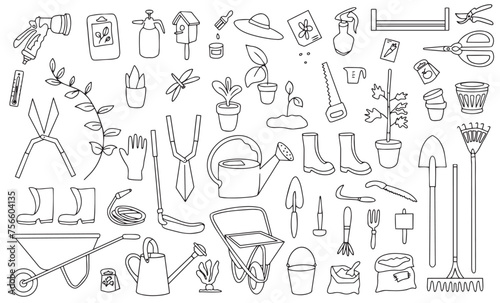 Large set of garden tools in doodle style. Watering can, hoe, bucket, hose, pitchfork, shovel, wheelbarrow, trowel, pruning shears, tree seedling, garden fork, rake and other linear icons. 