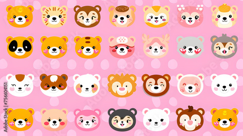 Adorable collection of cartoon animal faces, featuring various expressions, on a playful pink polka dot background.
