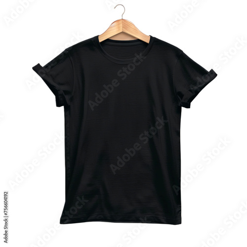 Black T-Shirt on Wooden Hanger On a Transparent Background PNG