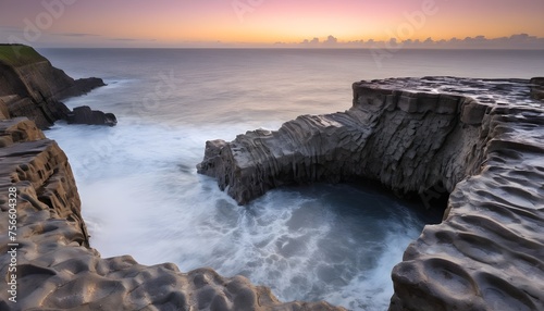 As twilight descends, the rugged cliffs of Queens Bath take on an otherworldly beauty. The sea churns and foams, carving intricate patterns into the weathered stone.