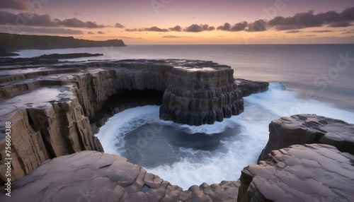 As twilight descends, the rugged cliffs of Queens Bath take on an otherworldly beauty. The sea churns and foams, carving intricate patterns into the weathered stone.