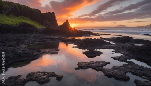 The ancient lava rock formations stand as silent sentinels against the backdrop of the setting sun. Pockets of tide pools teem with life, their crystal-clear waters reflecting the fiery sky.