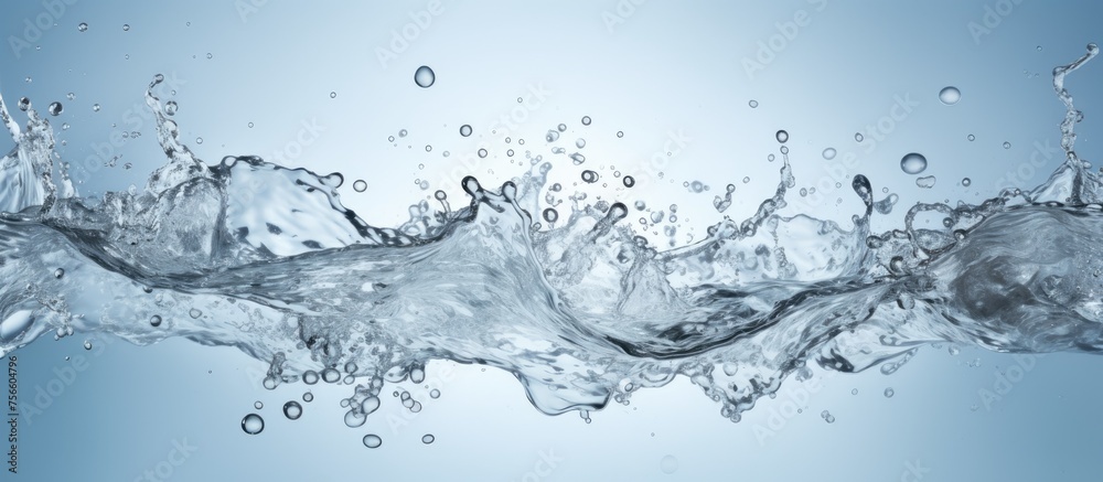 A close up of a water splash against a blue sky background, capturing the beauty of natural landscape with clouds, liquid reflecting the sky, and a hint of freezing icecap on the slope A close up of a water splash against a blue sky background, capturing the beauty of natural landscape with clouds, liquid reflecting the sky, and a hint of freezing icecap on the slope