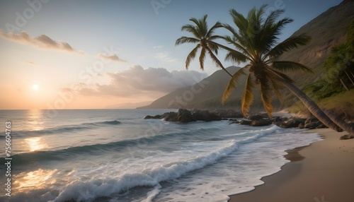 A solitary palm tree sways gently in the ocean breeze, its fronds catching the last rays of daylight. Below, the waves lap lazily against the rocky shoreline, creating a soothing rhythm.