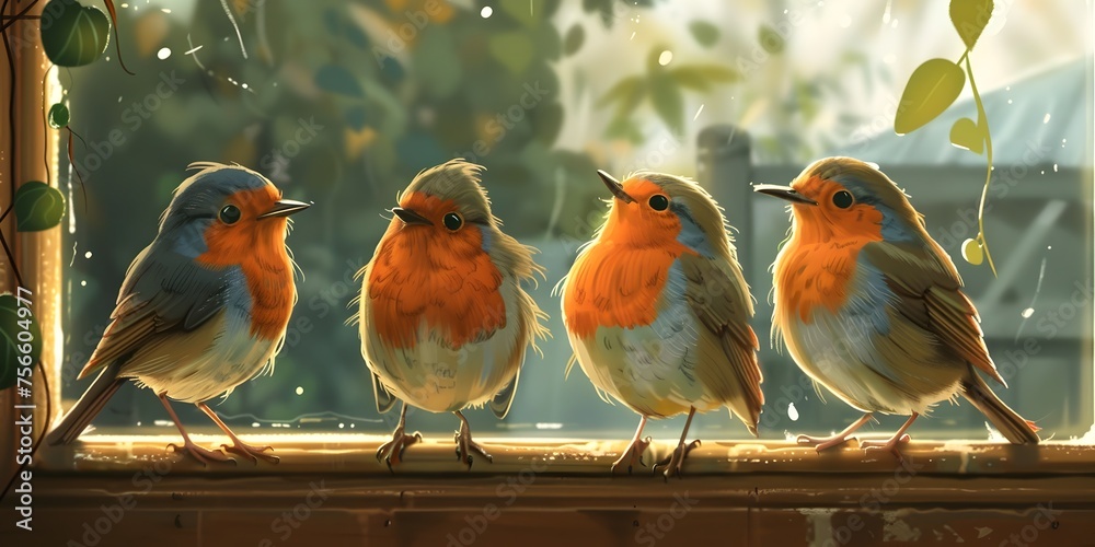 Four birds are sitting on a window sill. The birds are all different colors