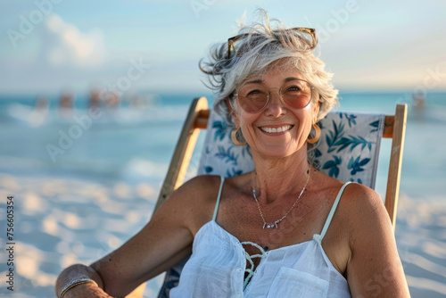 A woman wearing a straw hat and sunglasses is smiling on a beach. She is sitting in a chair and she is enjoying her time. Portrait of happy mature woman sittingchair at beach in summer photo