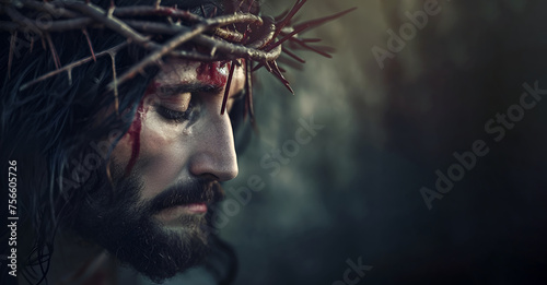 Jesus Christ with a crown of thorns upon his head, symbolizing the sacrifice and suffering photo