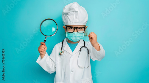 Child Dressed as Doctor Holding Magnifying Glass. A young child dressed in a doctor's outfit holds a magnifying glass, embodying curiosity and playful imitation.
