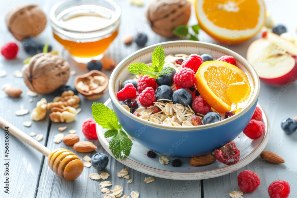 Nutritious breakfast cereal with blueberries, raspberries, orange green mint leaf and honey on a beautiful wooden table with scattered fruit elements

